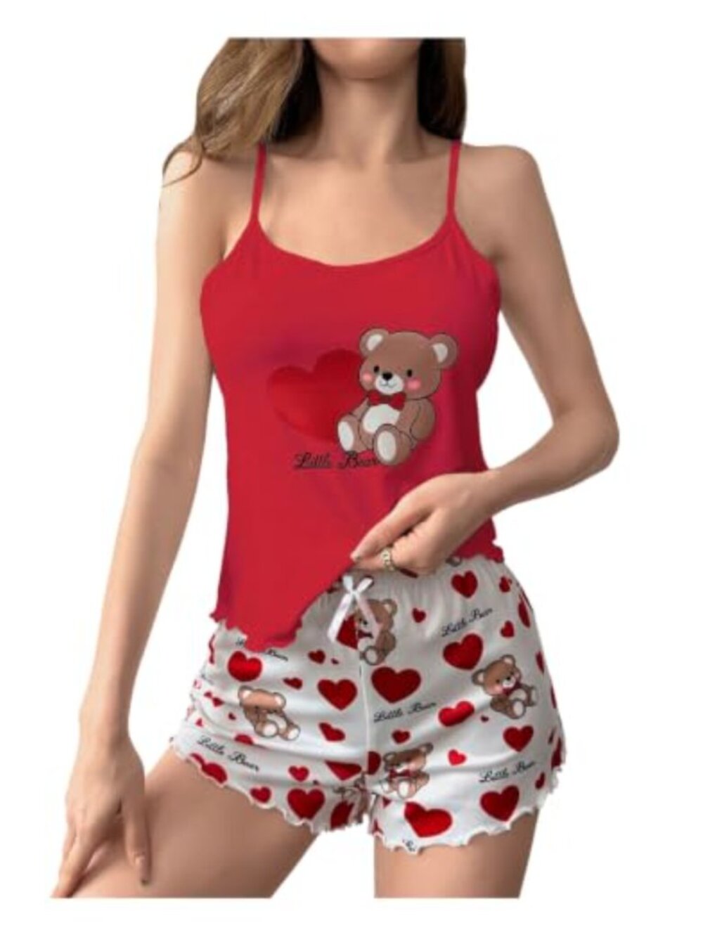 SOLY HUX Women's Cute Pajama Set Heart Bear Print Camisole Top and Shorts